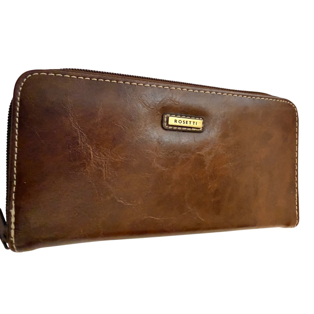 Rosetti Womens Brown Faux Leather Zip Around Accordion Wallet Gold Tone Logo